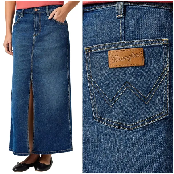 Wrangler Denim Maxi Skirt długa jeansowa spódnica z rozcięciem z przodu S