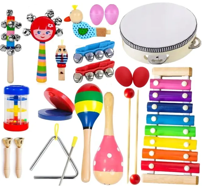 DREWNIANE INSTRUMENTY MUZYCZNE DUŻY ZESTAW CYMBAŁKI TRÓJKĄT 18 EL. + TORBA