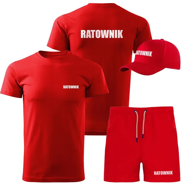 ZESTAW KOSZULKA CZAPKA SPODENKI RATOWNIK WOPR KĄPIELÓWKI CZERWONE L