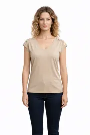 morgan-bezowy-t-shirt-z-blyszczacej-dzianiny-z-okraglym-dekoltem-xs-i4a
