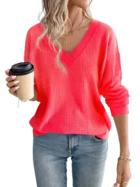 shein-damski-t-shirt-z-dekoltem-v-waflowa-struktura-koralowy-m-1la