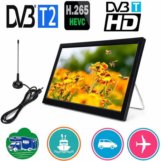 TELEWIZOR PRZENOŚNY SAMOCHODOWY 10" 12V/24V/230V DVB-T2 KAMPER
