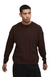 boohooman-meski-brazowy-sweter-w-prazki-bez-kaptura-okragly-dekolt-l-z3a