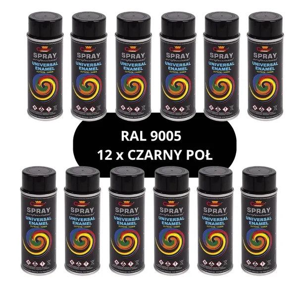 Spray uniwersalny czarny połysk 9005 - 12 sztuk