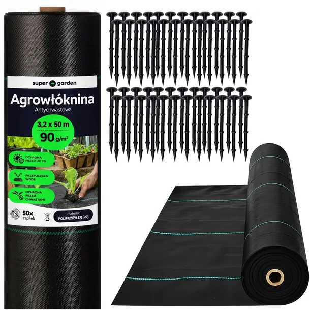 AGROWŁÓKNINA OGRODOWA 3.2x50m 90g/m² MATA NA CHWASTY SZPILKI + 50 sztuk