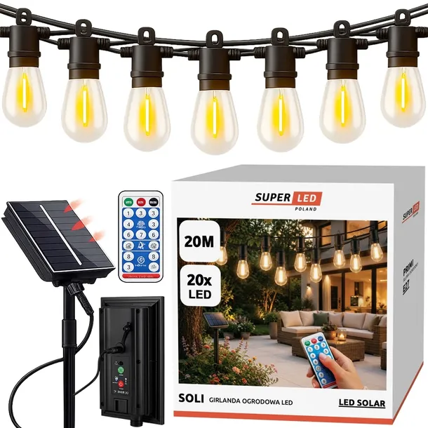 Girlanda solarna LED ogrodowa świetlna 20m + 20x E27 LED filament SuperLED