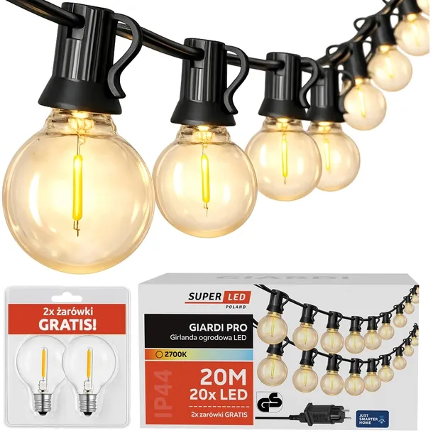 Girlanda ogrodowa Zewnętrzna Łańcuch 20m + 20x żarówka LED G40 + 2x gratis
