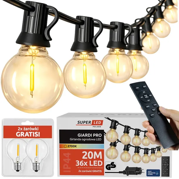 Girlanda ogrodowa Zewnętrzna Łańcuch 20m + 36x żarówka LED + 2 gratis Pilot