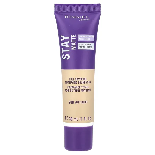 Rimmel London, Podkład matujący Stay Matte, pełne krycie, 200 miękkich beżó