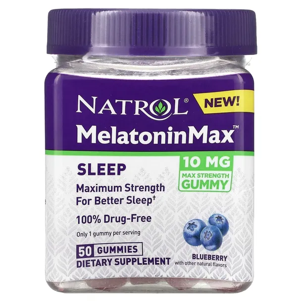 Natrol, MelatoninMax , borówka amerykańska, 10 mg, 50 żelek