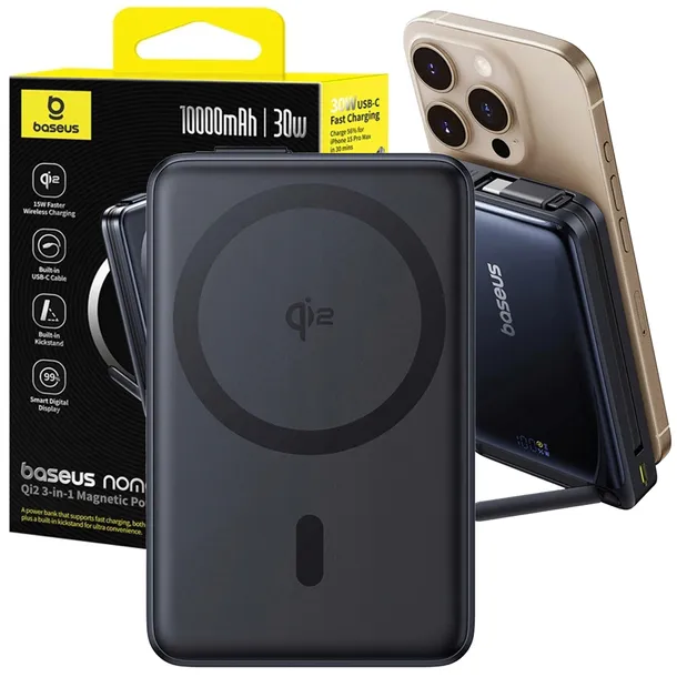 BASEUS POWERBANK INDUKCYJNY 10000 mAh 30W Qi2 MagSafe KABEL USB-C PODSTAWKA