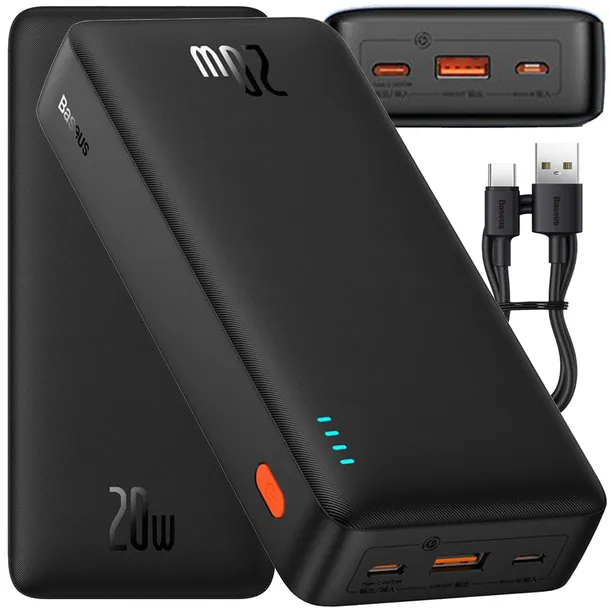 BASEUS POWER BANK 20000MAH 20W Z SZYBKIM ŁADOWANIEM USB-C USB-A Z KABLEM