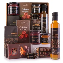 zestaw-prezentowy-kosz-slodycze-herbata-migdaly-syrop-miod-konfitura-box