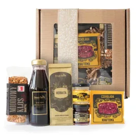 box-prezentowy-kraftowy-zestaw-herbata-sok-naturalny-czekolada-miod-baton