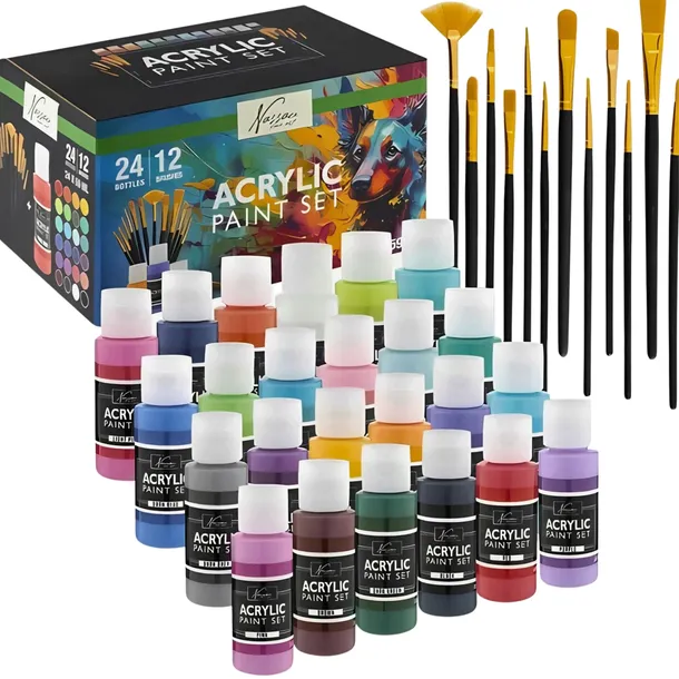 ZESTAW DO MALOWANIA FARBY AKRYLOWE 24X59ml +12 PĘDZLI DUŻY ARTYSTYCZNY 36EL