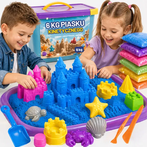 PIASEK KINETYCZNY 6kg BASEN FOREMKI ŁOPATKA PIASKOWNICA MAGICZNY ZESTAW XXL