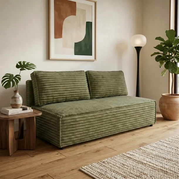 Kanapa FORANO funkcja spania pojemnik mała sofa gruby sztruks jasny zielony