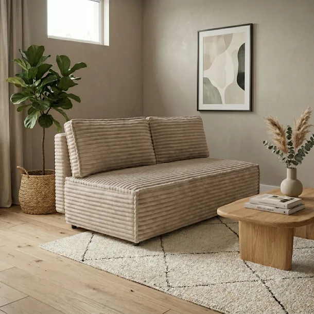 Kanapa FORANO funkcja spania pojemnik mała sofa gruby sztruks beżowy