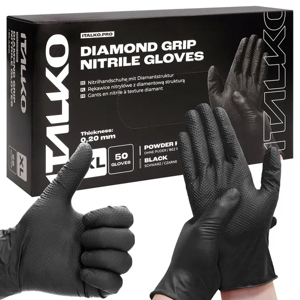 RĘKAWICZKI BEZPUDROWE JEDNORAZOWE NITRYLOWE DIAMOND GRIP CZARNE XL 50szt