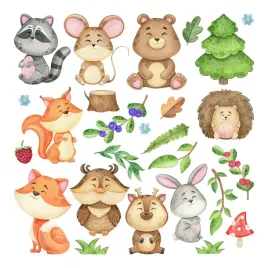 set-naklejek-urocze-zwierzatka-i-roslinnosc-lasu-malowana-akwarela-80x86-cm