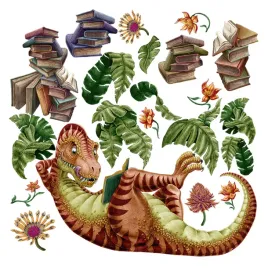 set-naklejek-dzieciecych-czerwony-dinozaur-ksiazki-liscie-i-kwiaty-60x90-cm