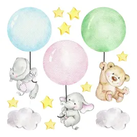 naklejki-bez-tla-male-zwierzatka-z-balonami-hipopotam-mis-slon-100x141-cm