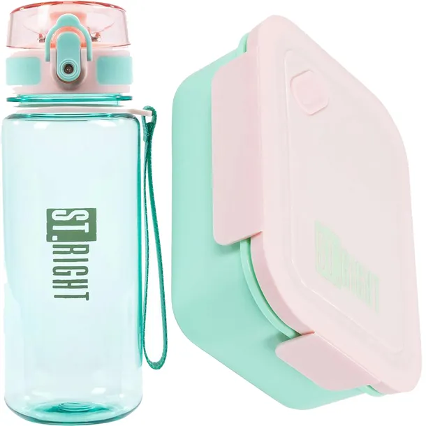 ST.RIGHT BIDON SZKOLNY POJEMNIK NA ŻYWNOŚĆ DUŻY 1200 ml MINT & PINK ZESTAW