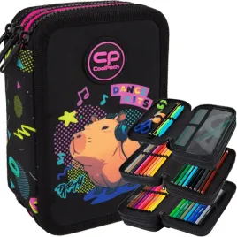 coolpack-piornik-szkolny-trzykomorowy-z-wyposazeniem-kredki-pisaki-capybara