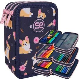 coolpack-piornik-szkolny-trzykomorowy-wyposazenie-kredki-pisaki-corgi