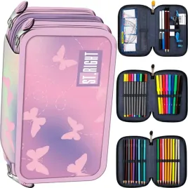 st-right-piornik-szkolny-trzykomorowy-wyposazenie-kredki-pink-butterflies