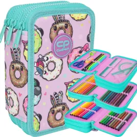 coolpack-piornik-szkolny-trzykomorowy-wyposazenie-kredki-flamastry-donuts