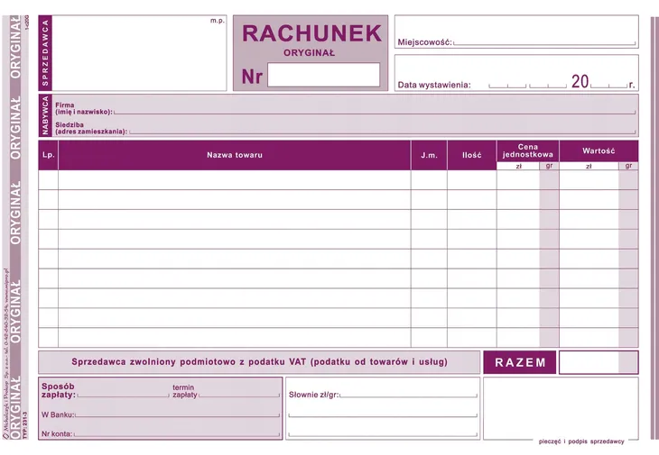 druk-rachunek-a5-poziom-rodzaj-faktura-dla-zwolnionych-z-podatku