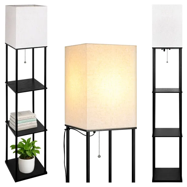 Lampa Stojąca Podłogowa REGAŁ LED PÓŁKA czarna 2w1 160cm Do Czytania E27