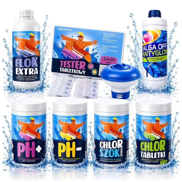 Zestaw do basenu 8w1 Chlor Szok Tabletki 20g Bojka Ph+ Ph- Flok Alga Tester