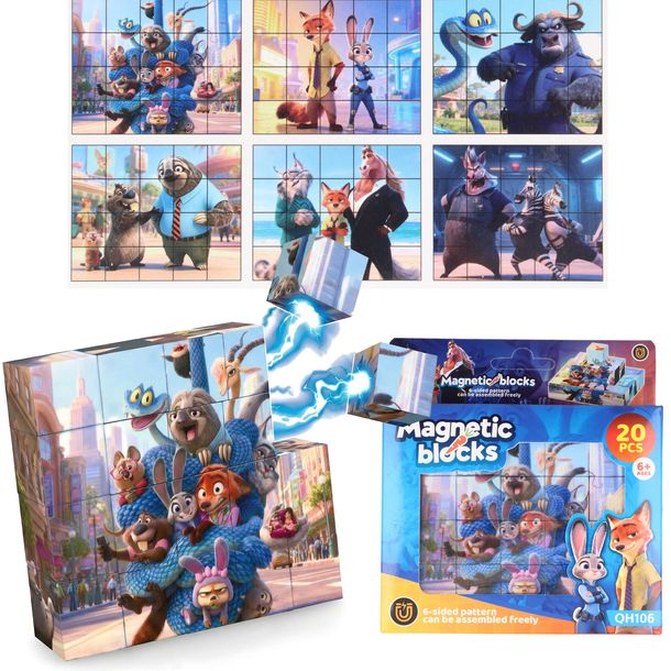 Klocki magnetyczne Zwierzogród Puzzle 3D 6 obrazków dzieci ZOOTOPIA 20pcs