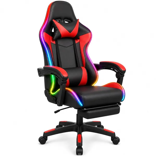 Fotel Gamingowy Obrotowy LED RGB Obrotowy Masaż Podnóżek Czarno-Czerwony