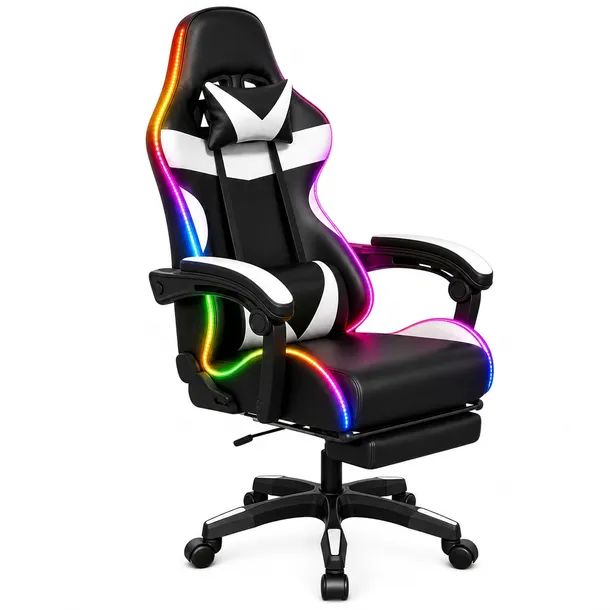 Fotel Gamingowy Obrotowy LED RGB Obrotowy Masaż Podnóżek Czarno-Biały