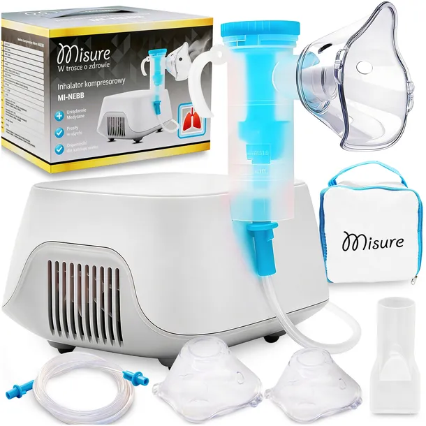 INHALATOR NEBULIZATOR DLA DOROSŁYCH I DZIECI MISURE TŁOKOWY + 2 MASKI ETUI