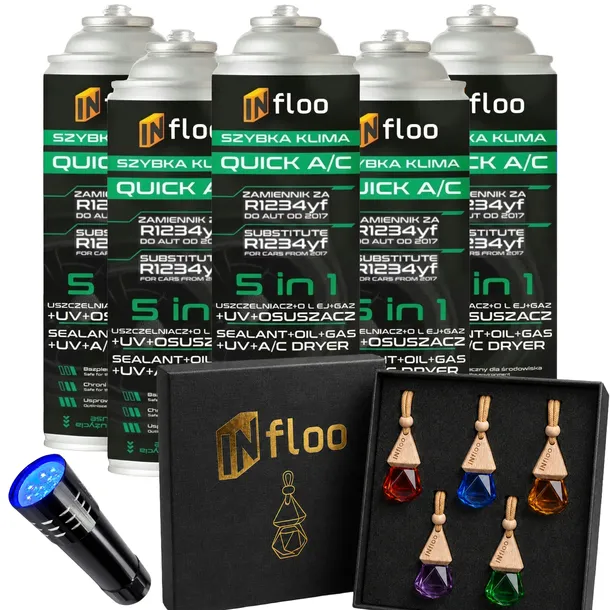 INfloo 5x Szybka Klima R1234yf 5W1 USZCZELNIACZ GAZ OLEJ UV OSUSZA + GRATIS