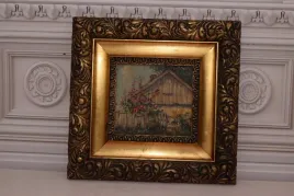 st-kamocki-pejzaz-wsi-wiejska-chata-kwiaty-stary-obraz-na-drewnie