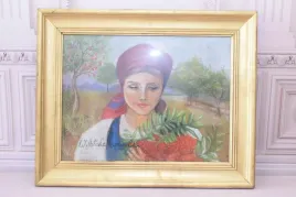 w-wodzinowski-goralka-w-czerwonej-chuscie-stary-obraz-pastel-za-szklem