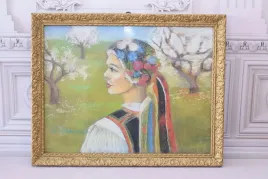 w-wodzinowski-kobieta-z-wiankiem-kwiaty-stary-obraz-pastel-za-szklem