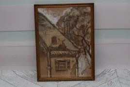 wiktor-zin-1969-chata-z-kominem-pastel-za-szklem-polski-obraz-olejny