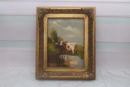 dwie-krowy-przy-wodopoju-krowa-pastwisko-obraz-olejny-zlota-rama