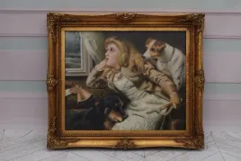 portret-dziewczynki-z-pieskami-pies-obraz-olejny-zlota-rama
