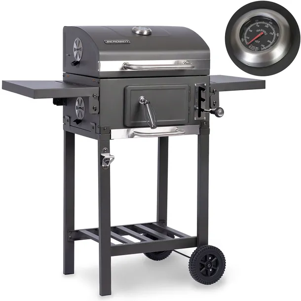 GRILL WĘGLOWY OGRODOWY ŻELIWNY RUSZT Z POKRYWĄ POPIELNIK + TERMOMETR