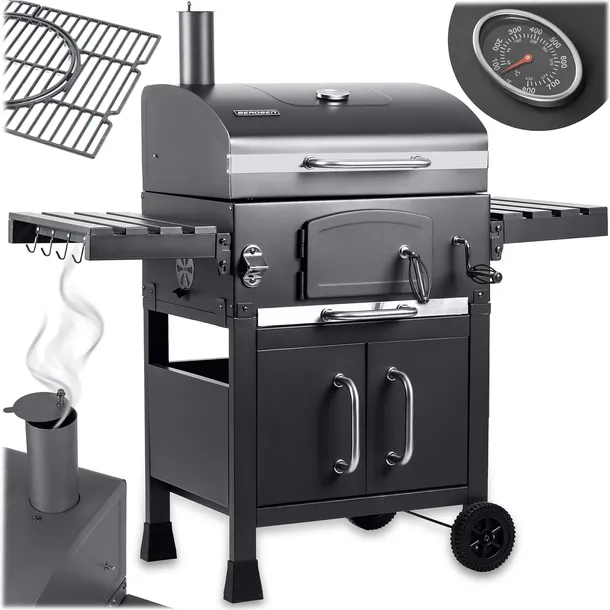 GRILL WĘGLOWY OGRODOWY KOMIN ŻELIWNY RUSZT Z POKRYWĄ POPIELNIK + TERMOMETR