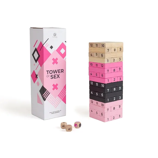 Wieża seksu – erotyczna gra Jenga, zestaw: klocki do budowy wieży, 3 kości,