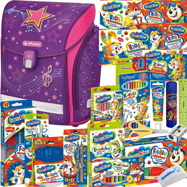 HERLITZ TORNISTER USZTYWNIONY DZIEWCZYNKI GALAXY + WYPRAWKA SZKOLNA BAMBINO