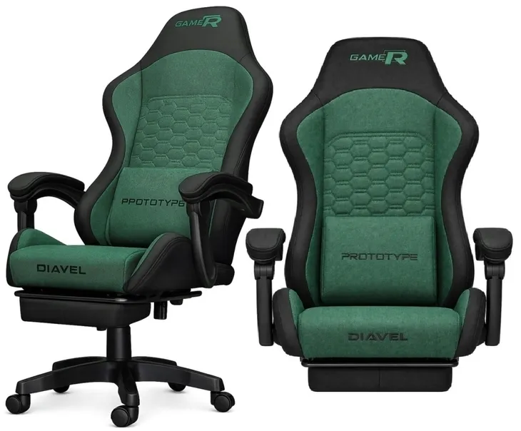 Fotel gamingowy biurowy DIAVEL z tkaniny PREMIUM odchylane oparcie podnóżek